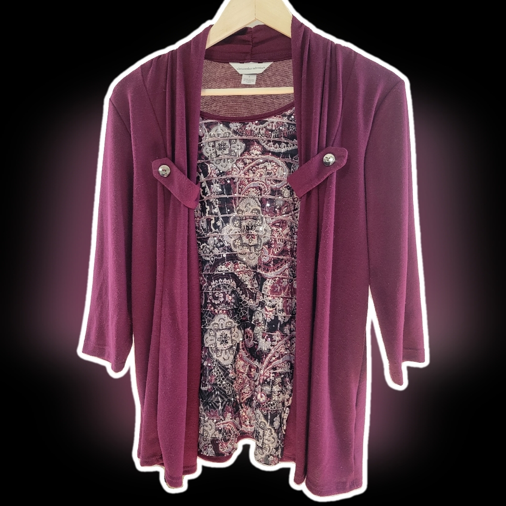 Women's C&B Small 3/4 sleeve layered 1 pc sweater top maroon black gray sequins